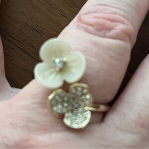 J. Crew Pave Gold & White Dual Flower Statement Pave Flower Ring Size 9 NWT